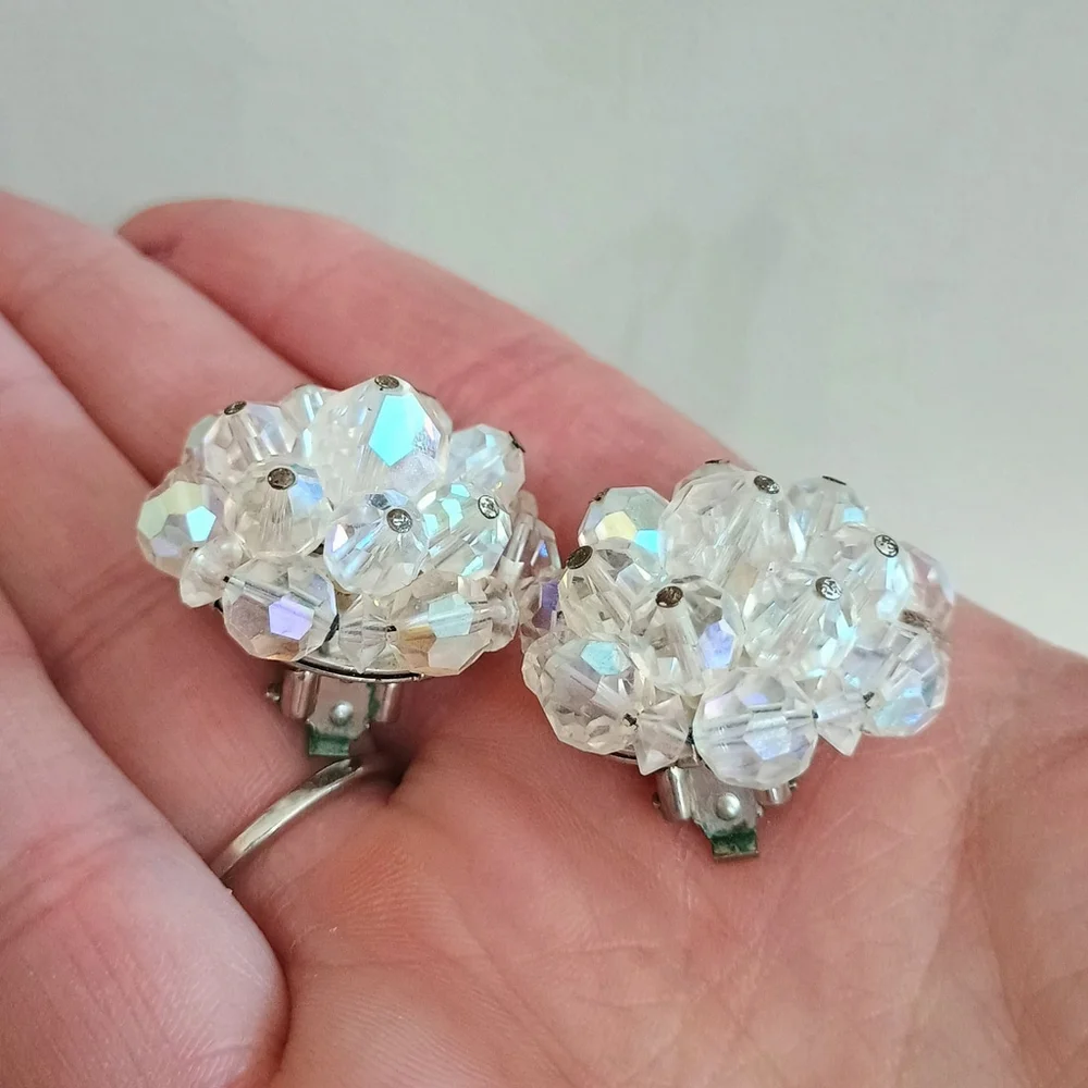 Vintage Laguna? Crystal Love Clip On Earrings Aurora Borealis Flower Shaped